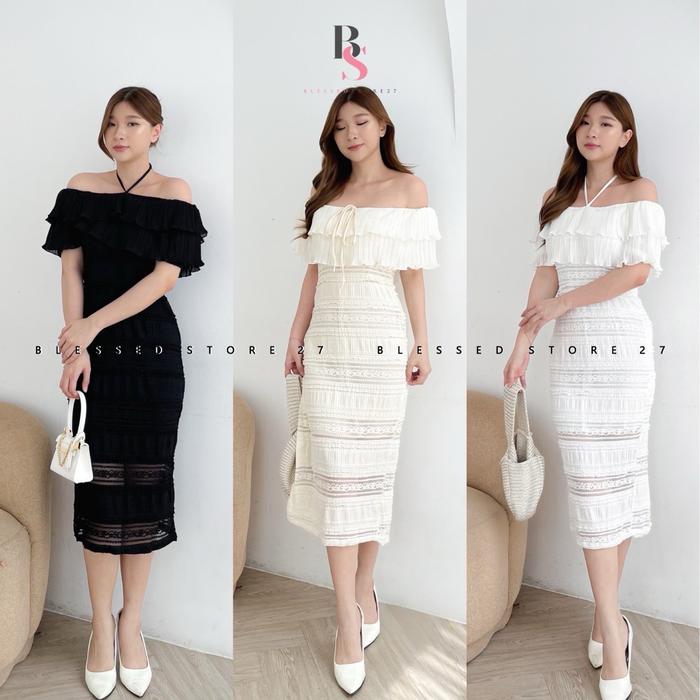 D1475 ISHANA KOREAN STYLE SABRINA LACE VINTAGE MIDI DRESS SIMPLE POLOS  PESTA DINNER ELEGANT BRUKAT - Black di Blessedstore 27 | Tokopedia