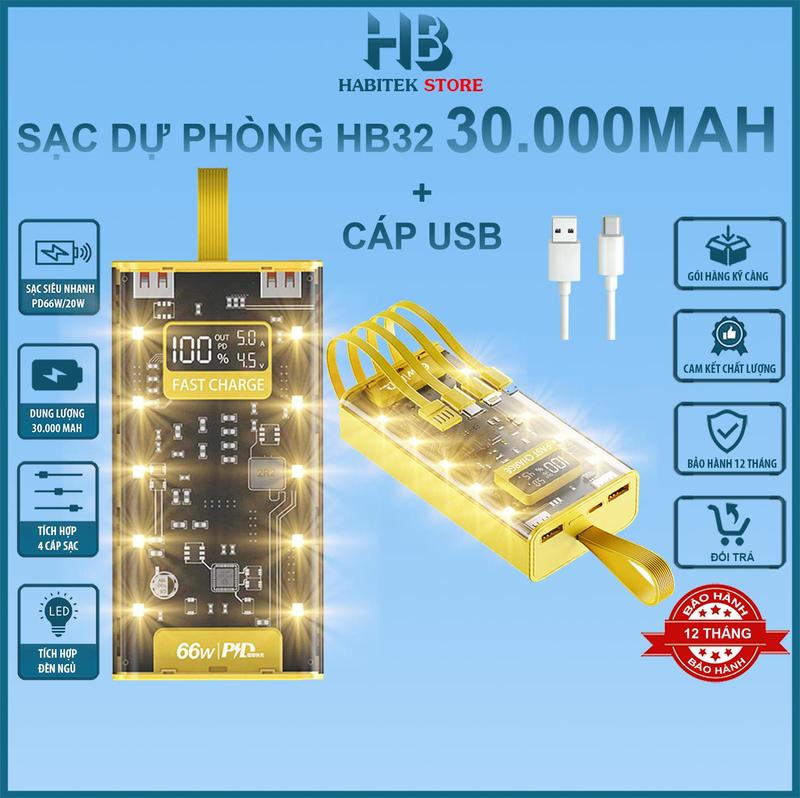 Sạc dự phòng 20.000mAh, HB32, Sạc nhanh 66W / 20W PD, Thiết kế trong suốt như pha lê, Màn hình hiển thị % pin, Điện áp U (V), Cường độ dòng điện (Ampe kế), Có đèn ngủ, Sạc pin bảo hành 12 tháng, [Có sẵn cáp USB]