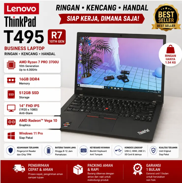 [Pre-owned]Laptop Lenovo ThinkPad T495 AMD Ryzen 7 Pro RAM 16GB SSD 256GB 14 Inch FHD IPS Windows 11 Laptop Bisnis
