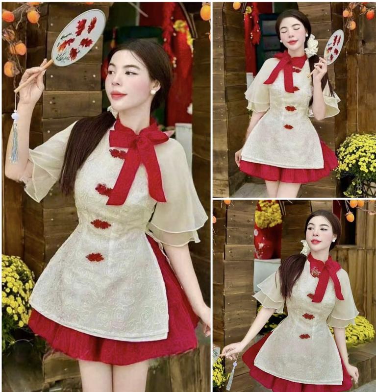  Sét đồ nữ mặc tết áo xô thêu hoa 2 lớp phối tay voan cột nơ cổ đính nút tàu kèm chân váy tơ xòe ngắn cực xinh 