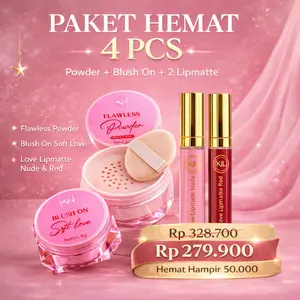 KJL PAKET HEMAT SET MAKEUP 4 PCS | Flawless Powder 15g + Blush On Soft Love 4g + Love Lipmatte Nude & Red