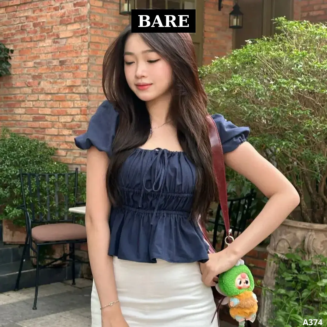 BARE_Áo kiểu tay bồng cột nơ chất linen, Áo babydoll tiểu thư dễ thương bo chun thân xinh xắn_A374 Nữ Top Women Nhung