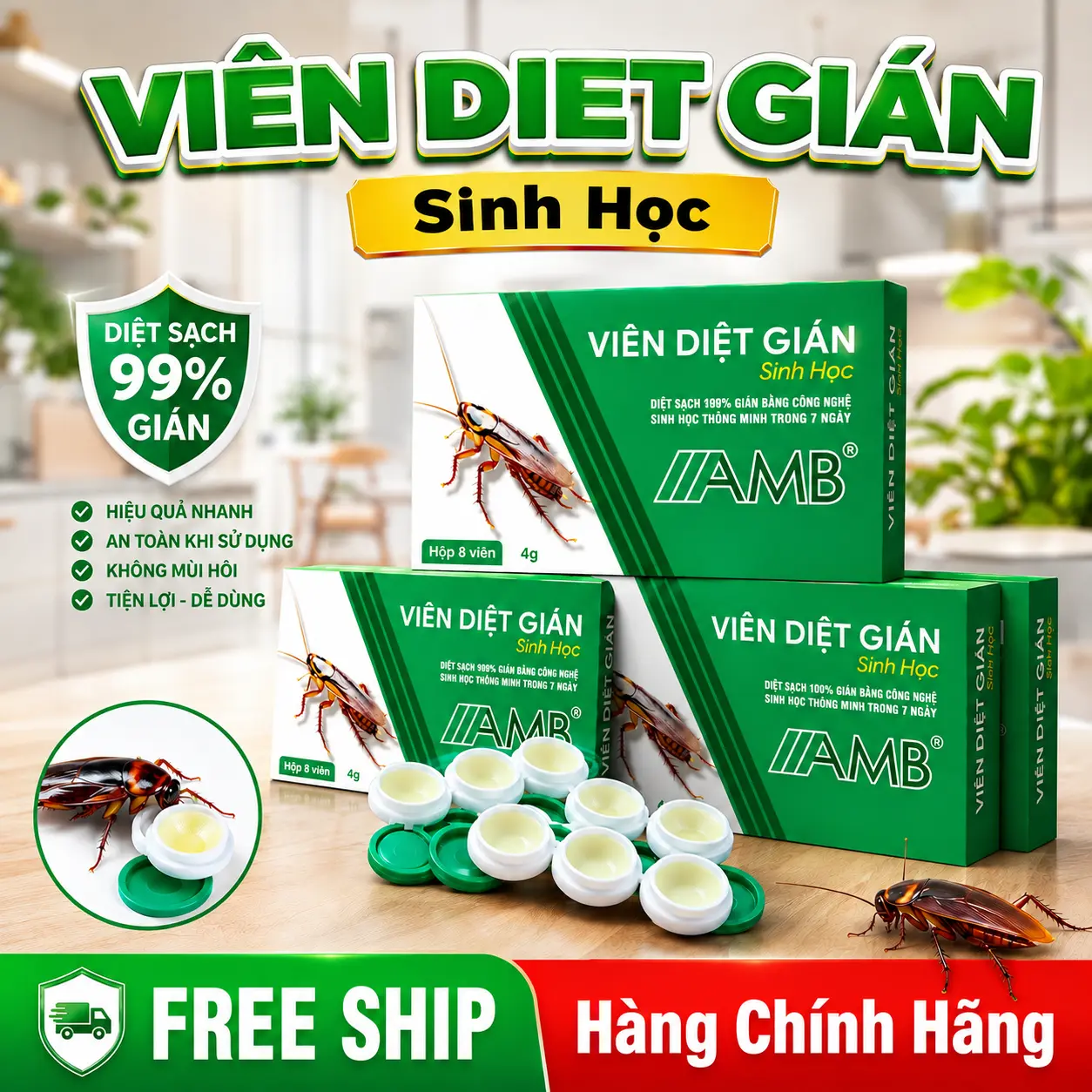 AMB hộp 8 viên cho Gián, hiệu quả , an toàn cho người và vật nuôi. Đồ vệ sinh nhà cửa vien ngua gian
