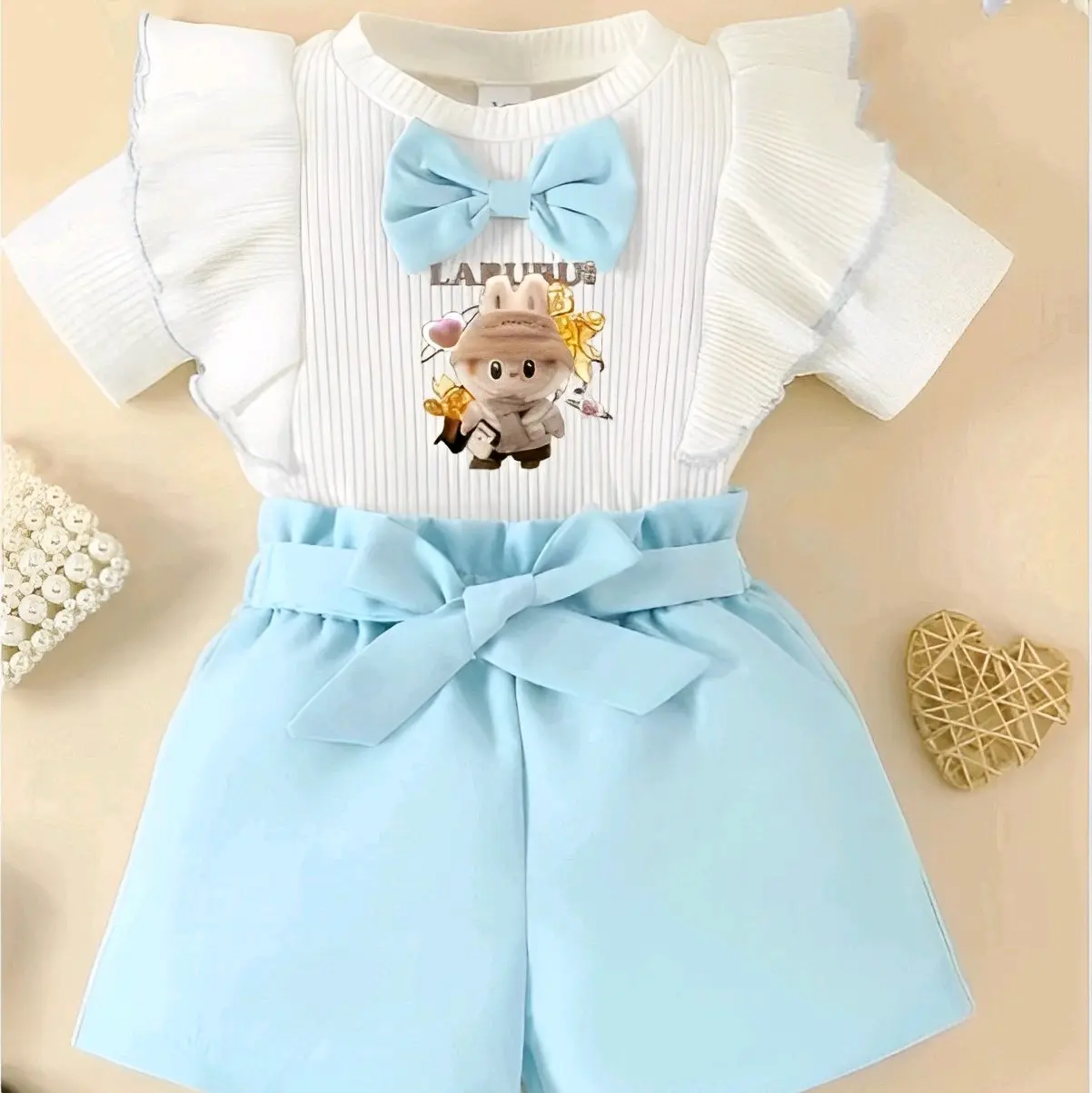 Fashion Anak Perempuan Baju Setelan Labubu Usia 1-6 Tahun Knits Lengan pendek Celana Parsel