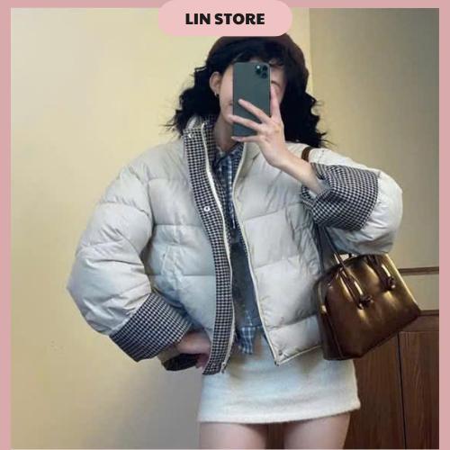 Áo khoác phao nữ chất da phối kẻ caro áo phao nữ cổ cao dáng ngắn có dây rút dưới áo phao béo mùa đông dáng croptop