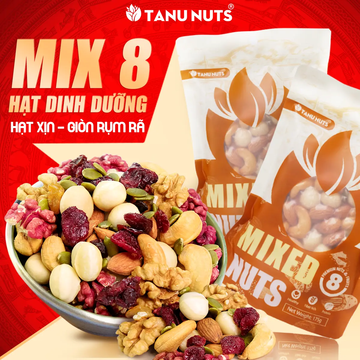 Hạt dinh dưỡng Mix 8 hạt TANU NUTS hạt ngũ cốc granola không đường giàu dinh dưỡng tốt cho mẹ bầu, Ăn Vặt Food Thức Ăn Snack hạtdinhduong