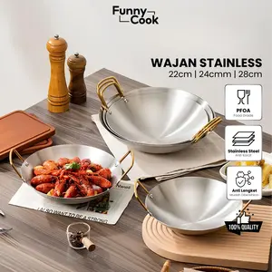 Funnycook Set Wajan Penggorengan Stainless Steel Silver Tebal Anti Lengket Kuali Serbaguna Wokpan Premium Quality Kitchenware Kitchenware