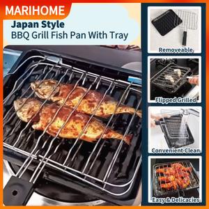 Non Stick BBQ Grill Clip Grilled Fish Pan with Tray Grilling Pan Stainless Steel Pemanggang Ikan Bakar Stail Jepun Kitchenware Dapur
