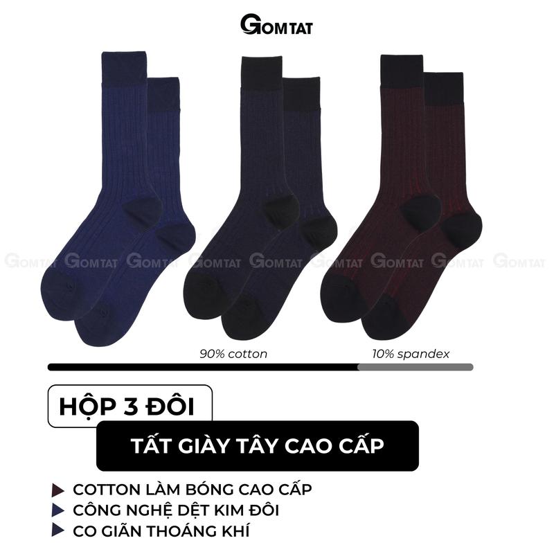 Hộp 3 đôi tất cổ cao GOMTAT công sở, vớ nam đi giày tây chất liệu cotton cao cấp, tất vớ nam hút ẩm thoáng khí, khử mùi êm chân - IHE-2202-CB3 Menswear