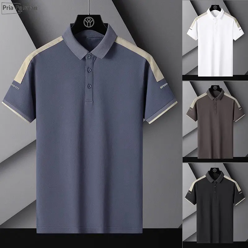Kaos tambal sulam pria, kemeja kerah tegak pria, 100% asli, kaos polo bergaya, kaos longgar, atasan kasual pria 5