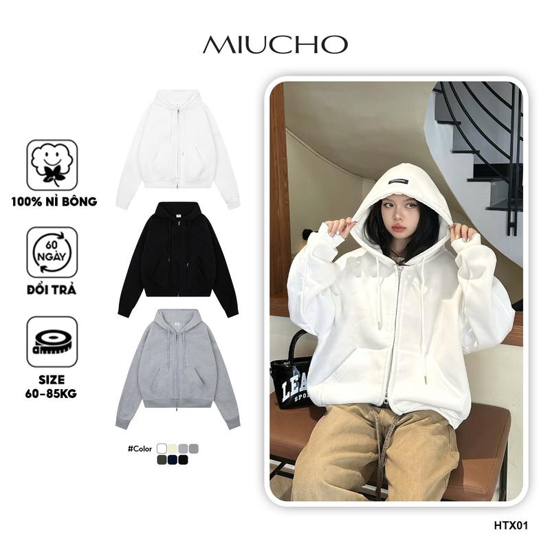 Áo Khoác Hoodie Zip Boxy MIUCHO Nỉ 2 Da Cao Cấp Dày Dặn Mềm Mại Thoáng Mát HXT02