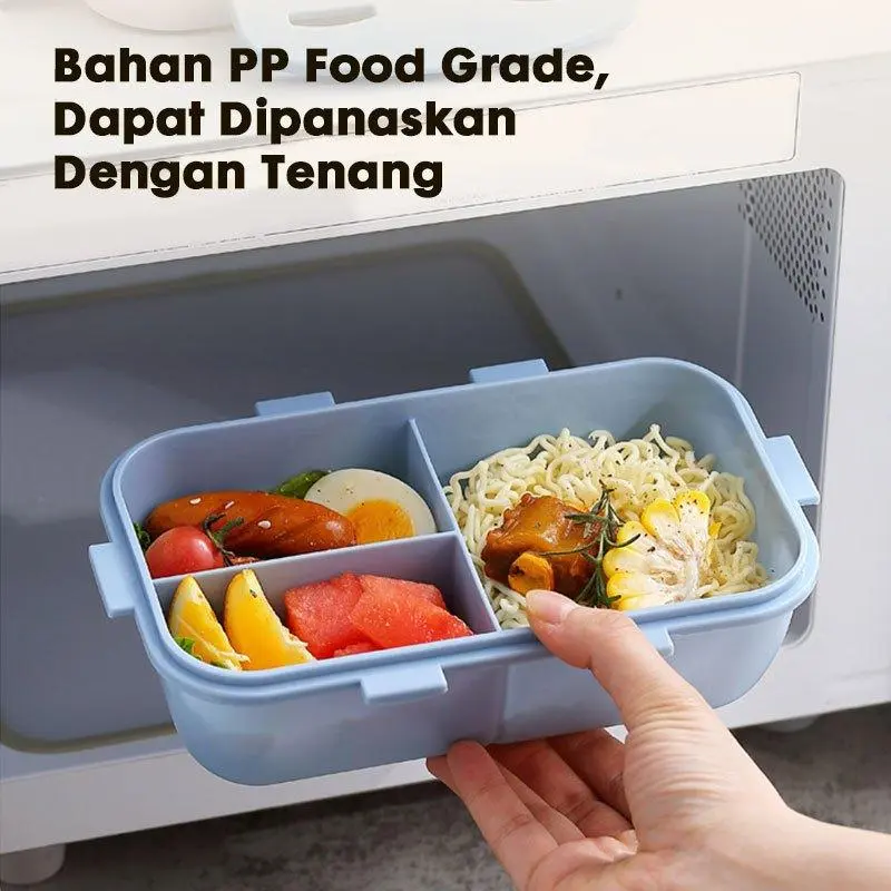 eatkit 3 in 1 Kotak Makan Set 840ml Desain Kompartemen Lunch Box Microwave Gratis Alat Makan Box Saus Kitchenware 4