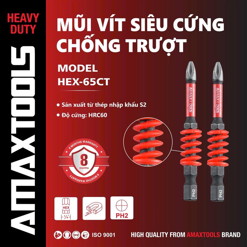  Mũi vít siêu cứng chống trượt Amaxtools đầu gài 6.35mm  chuẩn HEX  