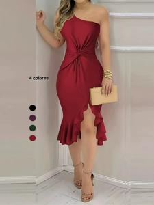 Vestido ajustado con un hombro y dobladillo con volantes torcidos lisos para mujer, vestido midi elegante sin mangas con abertura lateral para fiestas y citas, ropa de verano para mujer