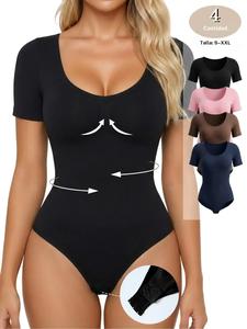 Conjunto de body de control abdominal acanalado para mujer, manga larga y cuello redondo, comodidad sin costuras, tela elástica suave, ideal para uso diario
