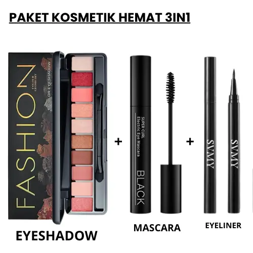 Paket Kosmetik Hemat 3 IN 1 Eyeshadow  Make up Pallet + Macara Hitam + Eyeliner