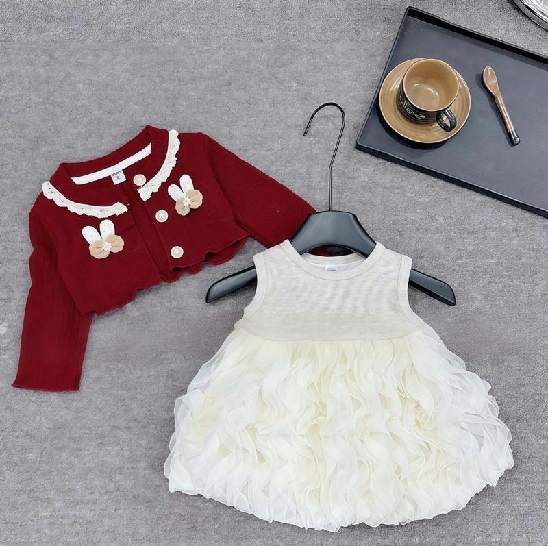Shop Mẹ Mỡ 6-16kg Set Váy 2 Chi Tiết Gồm Váy Gile Sóng Lông Thỏ và Áo Cadigan Chất Len Gân Đính Charm Kitty Cho Bé Gái Mặc Tết Noen