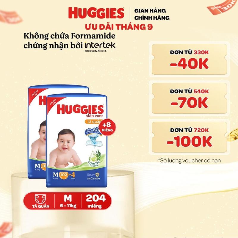 Combo 2 gói Tã/ bỉm quần Huggies Skincare Mega Jumbo với tràm trà dịu da Size…