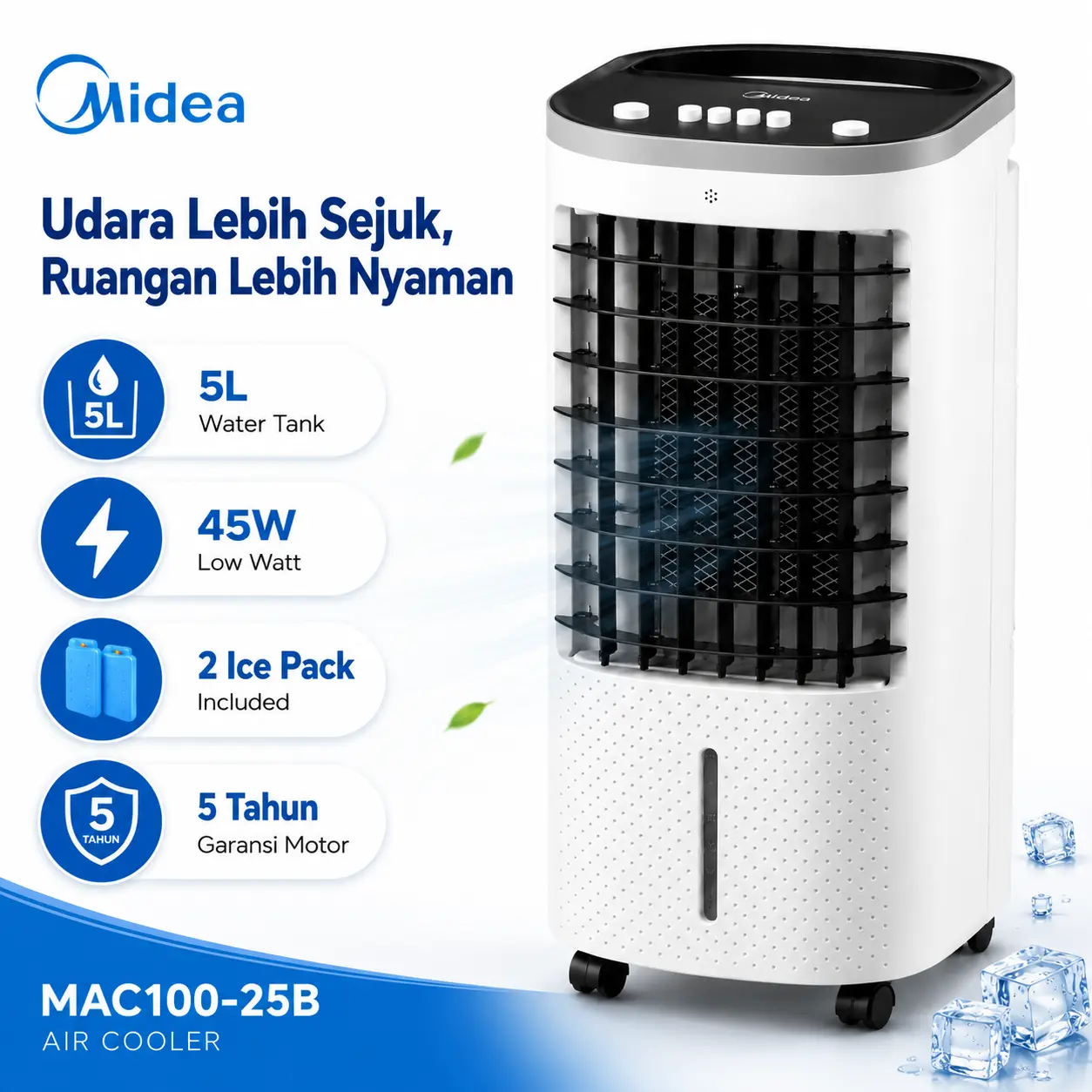 Midea Air Cooler AC100-25B 5L dengan Pendingin Multifungsi 3 Level Adjustable Hemat Energi 65W Produk Baru