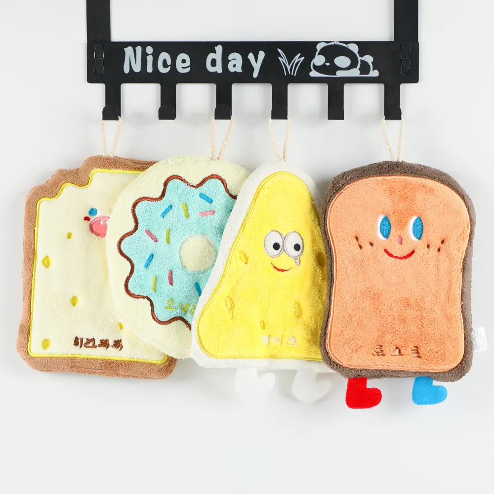 Cute Cartoon Three-layer Thickened Coral Fleece Towel Hand Wipe Lovely Toast Donut Hanging Kitchen Hand Wipe Quick-drying Dish Cloth【Ready Stock】