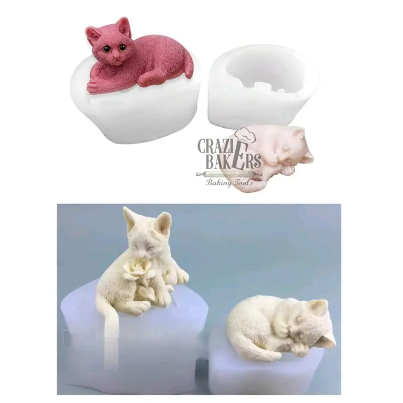 Cetakan Silikon Pudding Lilin Sabun Cat Series Kucing Tiduran Cium Bunga 3D Mold