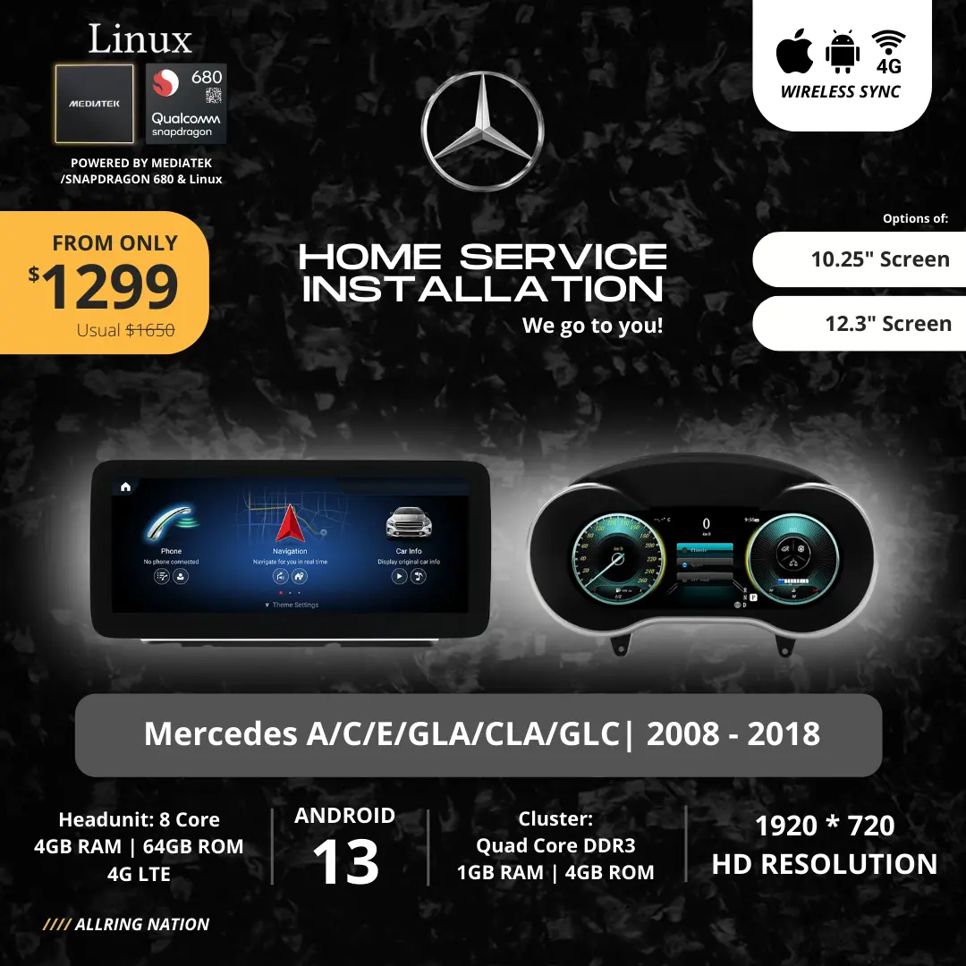 MERCEDES Android Headunit + Digital Cluster Bundle - Home visit: 12.3” Digital Cluster + Android 13 Headunit for A-Class, GLA, CLA, GLC, C-Class, E-Class| 1920*720P | FREE INSTALLATION