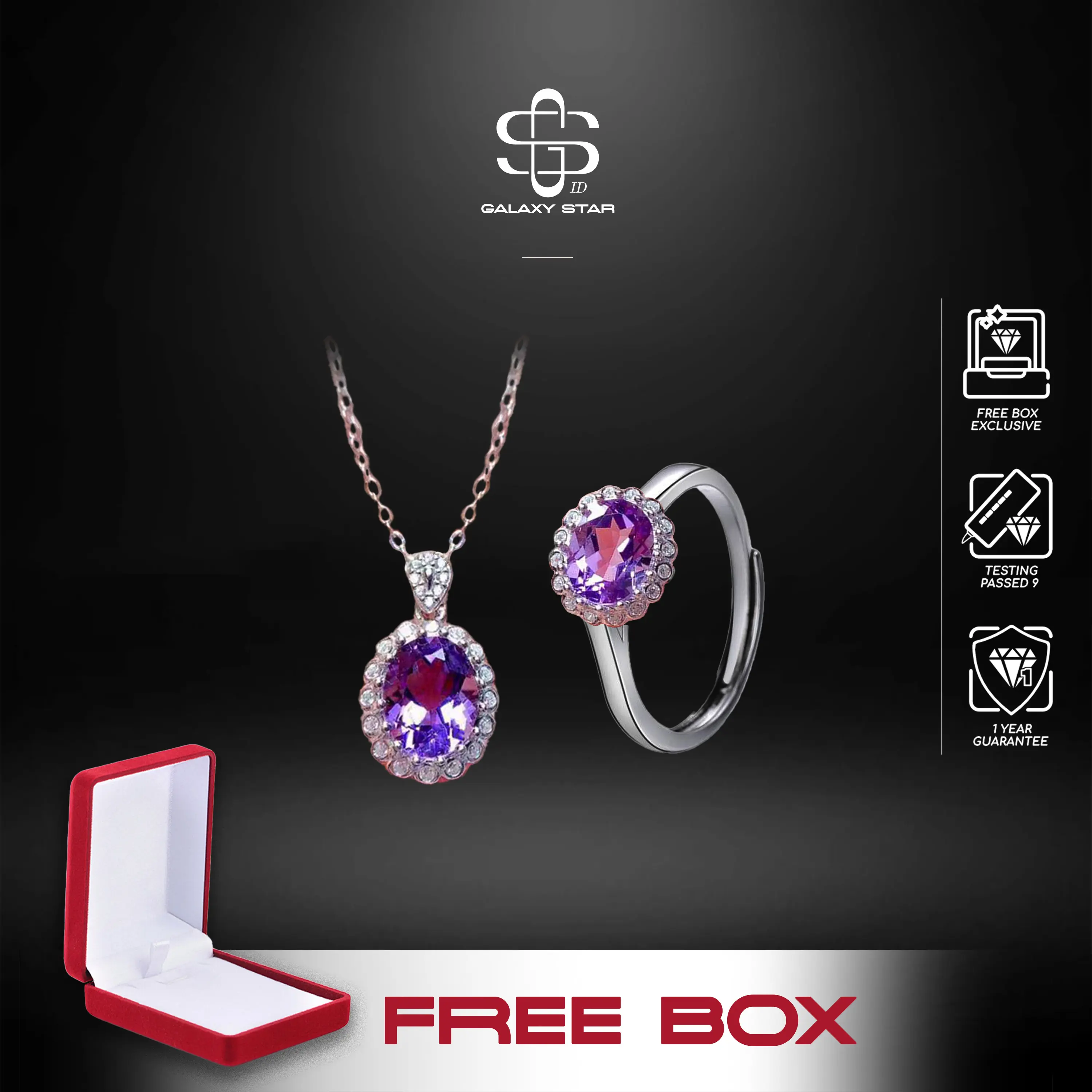 ((Free Box)) Korean Trendy Purple Zircon Luxury Set – ( Cincin & Kalung ) Wanita Korea : Glamour Zircon Cristal || Korean Style Kekinian AAKB0006