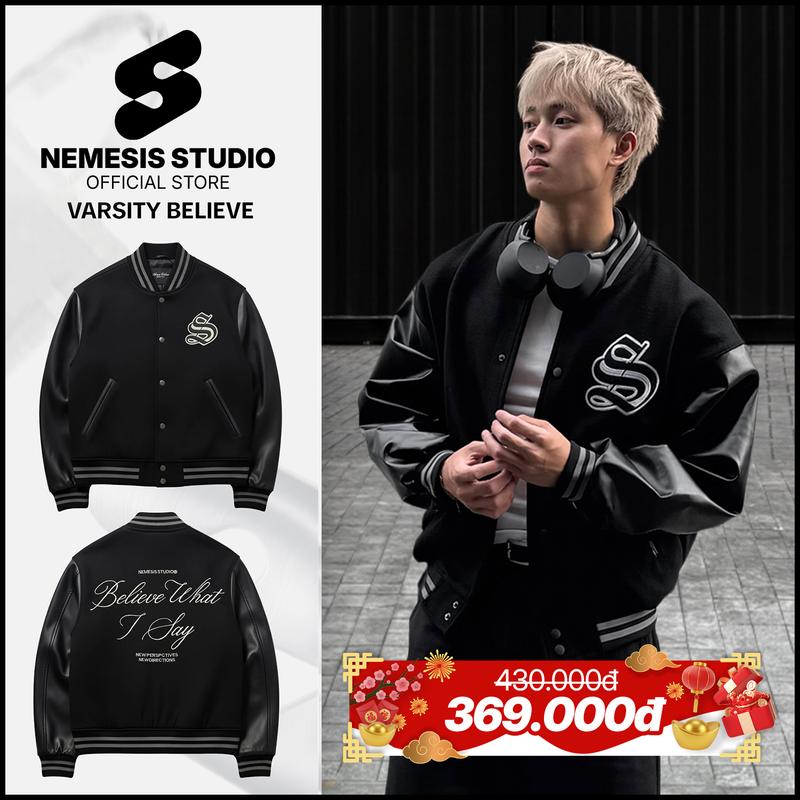  Nemesis Studio | Áo khoác bomber varsity Believe What I Say chất dạ ép tay da cao cấp style bóng chày giữ ấm 