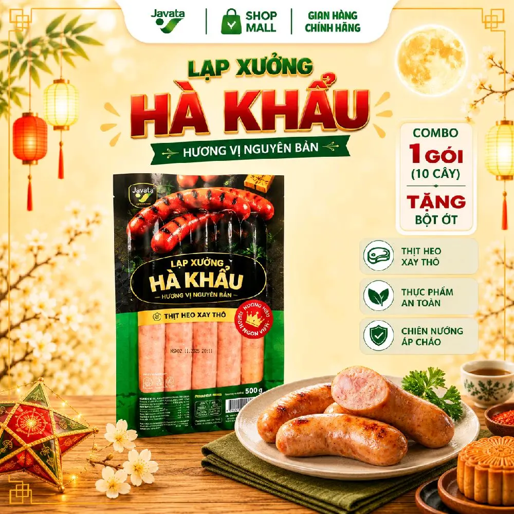 Lạp Xưởng Hà Khẩu Javata Nướng Đá 500g (10 cây) - Thơm Ngon Chuẩn Vị, Hương Vị Đặc Trưng Chuẩn Hà Khẩu, Thịt Heo Tươi, Dễ Ăn, Phù Hợp Nhiều Món