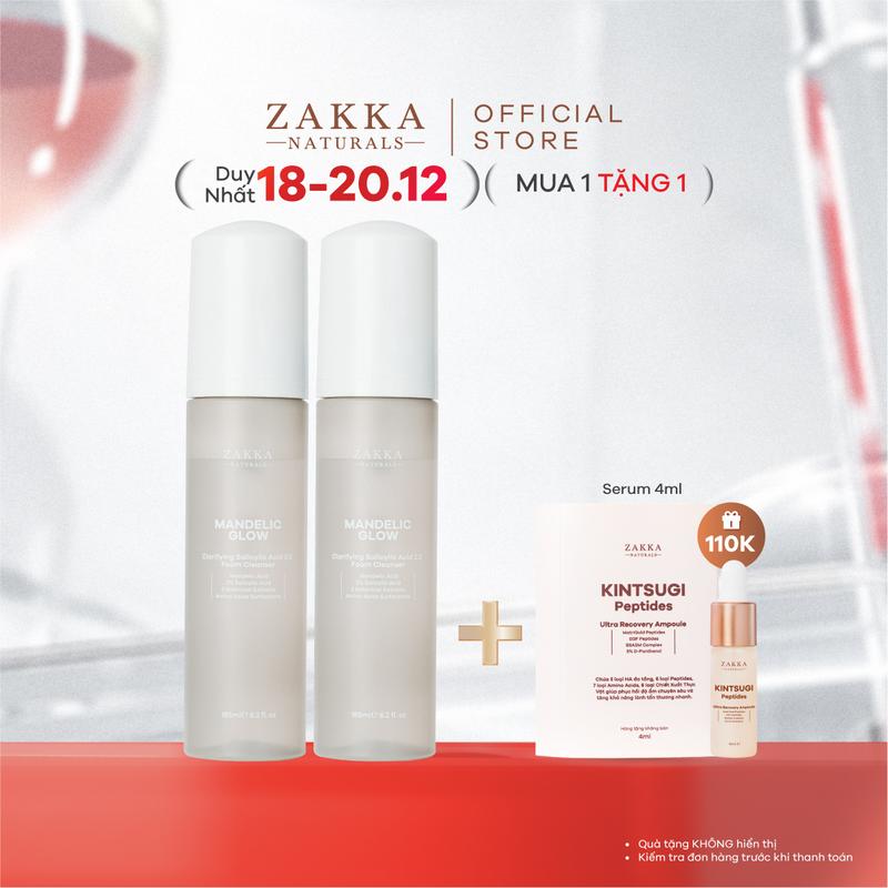  Combo 2 Sữa Rửa Mặt Tạo Bọt Zakka Naturals BHA AHA Mandelic Glow Foam Cleanser 185ml 