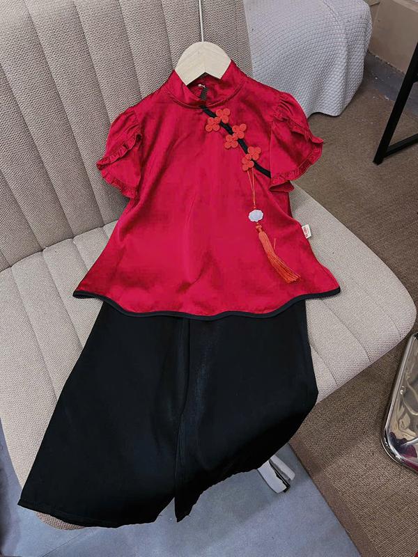  Set Áo Lam Lụa Đỏ Trơn Viền Đen  Ngọc Bội  Kèm Quần Dài Lụa Đen 90T Dành Cho Bé Gái 