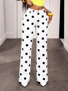 Pantalones de mujer de pierna ancha con lunares, cintura elástica, pantalones largos casuales, moda versátil para uso diario para mujeres
