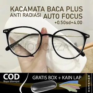 [ Gratis box & kain lap ] Kacamata Baca Plus Auto Focus Anti Radiasi Frame Bulat Oval Gagang Besi  Kekinian trendy Unisex Pria Wanita +0.50 0.50 HC138