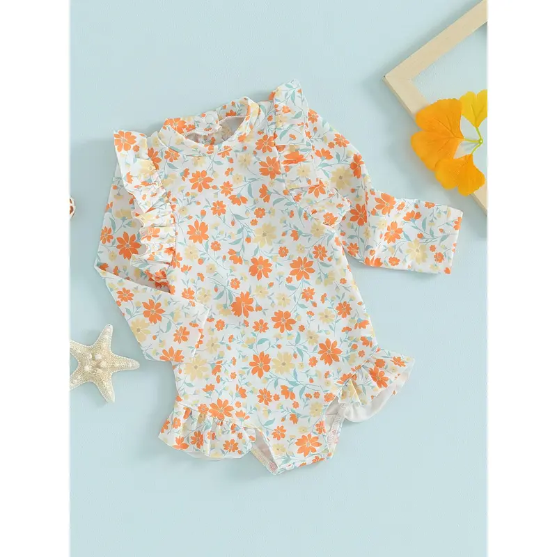 Đồ Bơi Trẻ Em Và Bé Gái Mới Biết Đi, 6, 12, 18, 24 Tháng, 2T, 3T, 4T, Áo Tắm Dài Tay, Cổ Thuyền Viên, In Hoa, Bộ Đồ Tắm Mùa Hè, Đồ Đi Biển 4