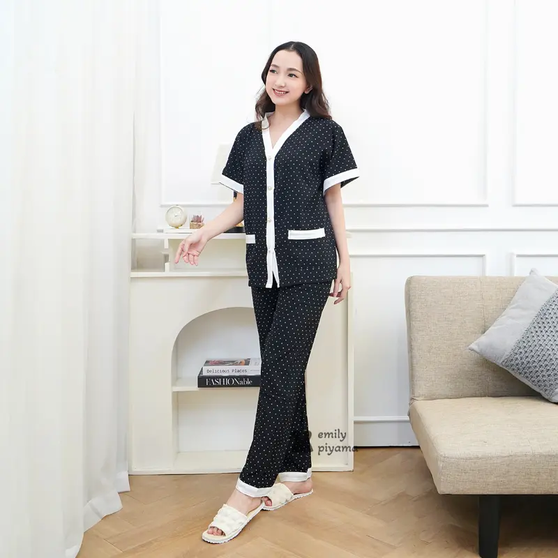 EMILY PIYAMA Baju Tidur Set Piyama Model Dot Putih Satin Kancing Depan Fit Pakaian Tidur Wanita Dewasa 2