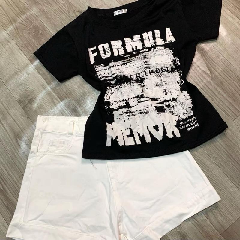 Set bộ đồ nữ áo thun babytee dáng ôm mix quần short jean cạp cao hách dáng - chữ loang