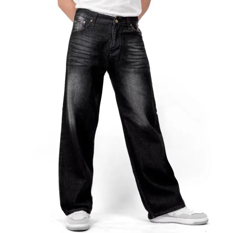 (UNISEX) Celana Jeans Wide Leg Wisker Lebar Gombrong Skena Black -Basic Baggy Pants Hitam - Panjang Pria Denim Straight - Non  Stretch - Non  Slim Fit 4