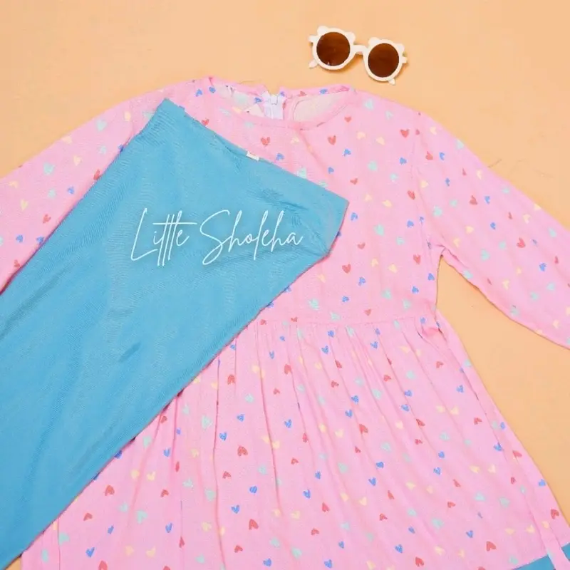 Gamis anak perempuan gamis lebaran set hijab motif Dress Cantik Muslim Katun 4