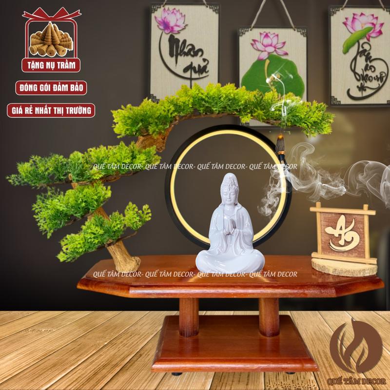 Thác Khói Trầm Hương Tượng Quan Âm , Di Lặc , Thích Ca , Địa Tạng , A Di Đà Có Đèn Led Tròn Trang Trí  Đế Đốt Trầm Hương