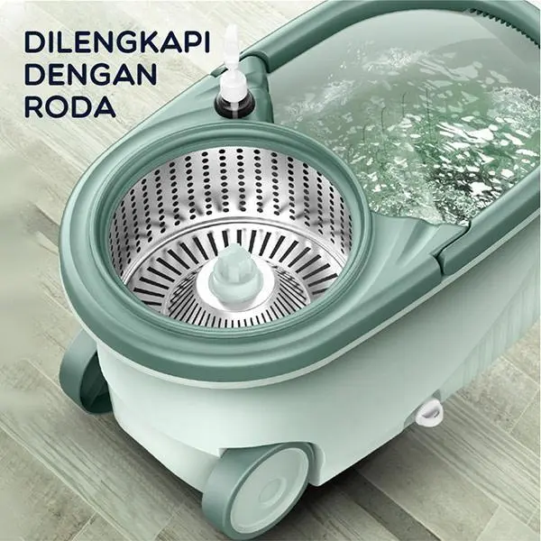 Alat Pel Lantai Microfiber dengan Ember Spin Mop Mencuci dan Membilas Alat Pembersih Lantai Bahan Spin Press Stainless 6