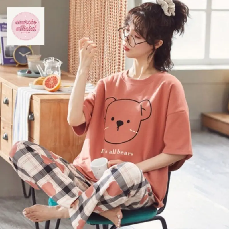 Baju Tidur Wanita Piyama Lengan Pendek Celana Panjang Setelan Tidur Dewasa Remaja 1