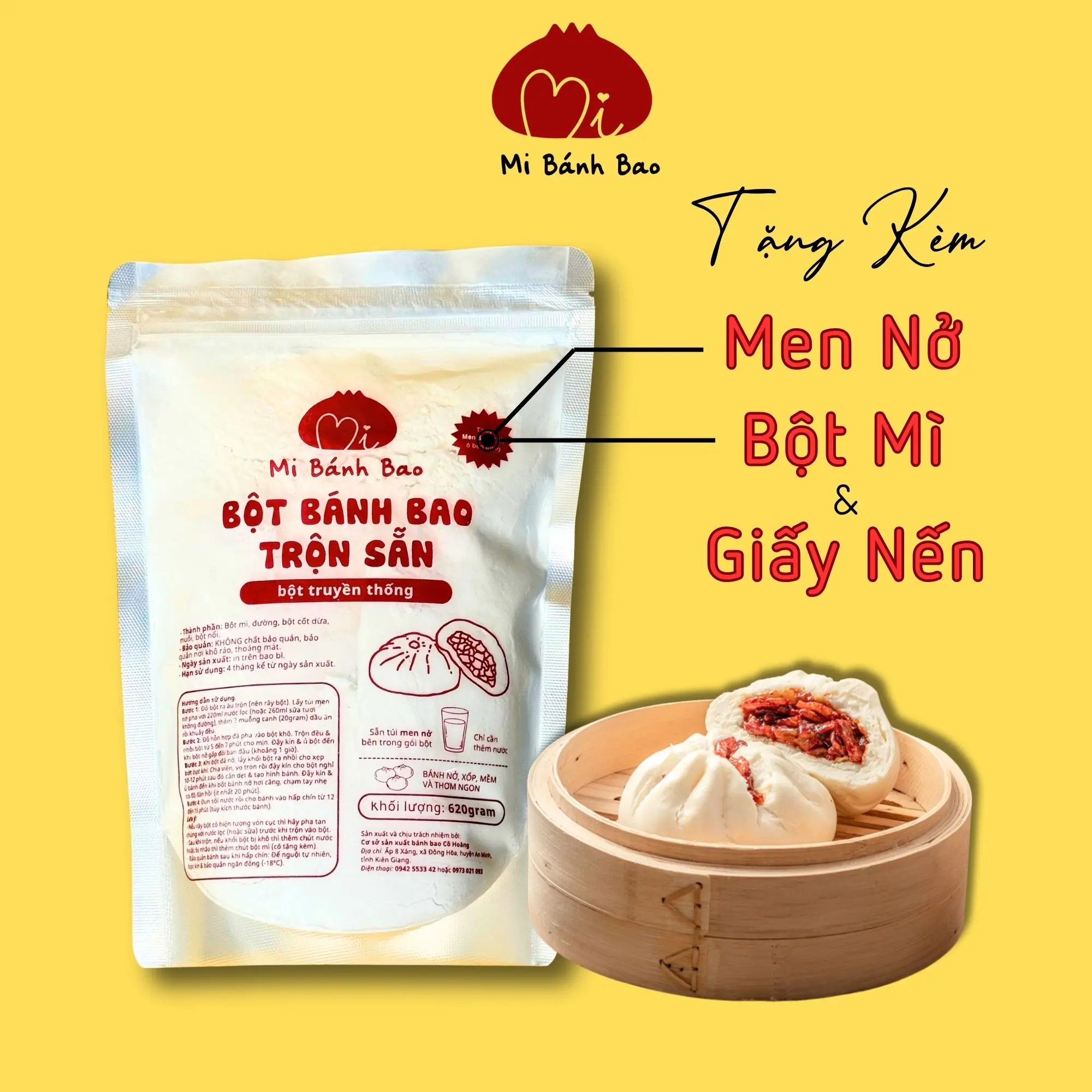 Bột Bánh Bao pha sẵn Mi BánhBao BỘT MÌ TRUYỀN THỐNG 620gram (Tặng kèm Men nở, bột thấm tay & giấy lót bánh)