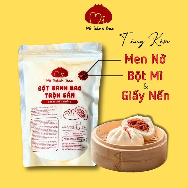  Bột Bánh Bao pha sẵn Mi BánhBao BỘT MÌ TRUYỀN THỐNG 620gram  Tặng kèm Men nở bột thấm tay & giấy lót bánh  