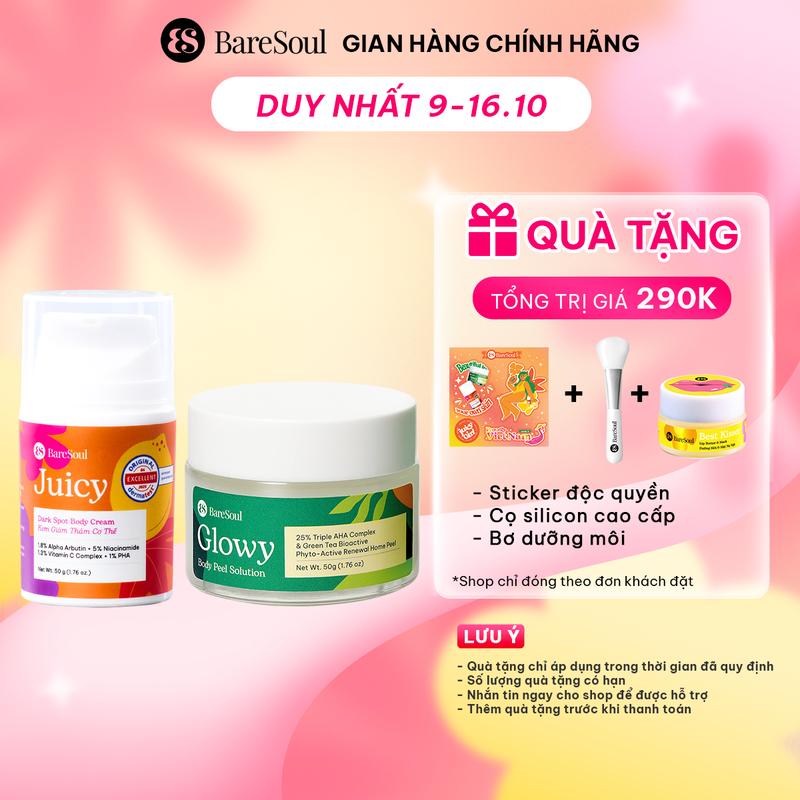 Combo Peel da tẩy tế bào chết AHA 25% BareSoul Glowy Body Peel 50g và kem dưỡng Juicy 50g với Alpha Aburtin, Niacinamide giúp làm sáng, giảm thâm mông, nách, bẹn, đầu gối, khuỷu tay