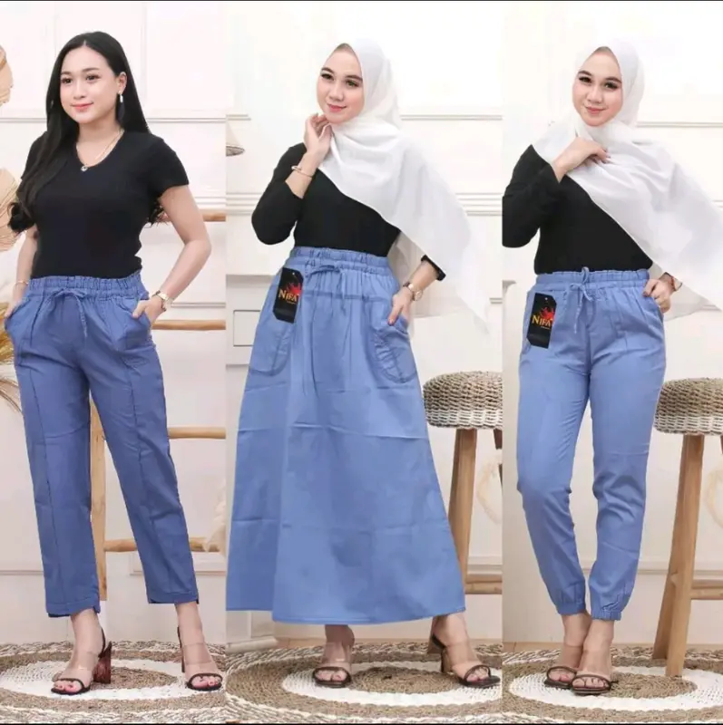 Cargo Pants Wanita - Celana Panjang Kulot Highwaist bahan Soft Jeans Grey Pinggang Karet 3