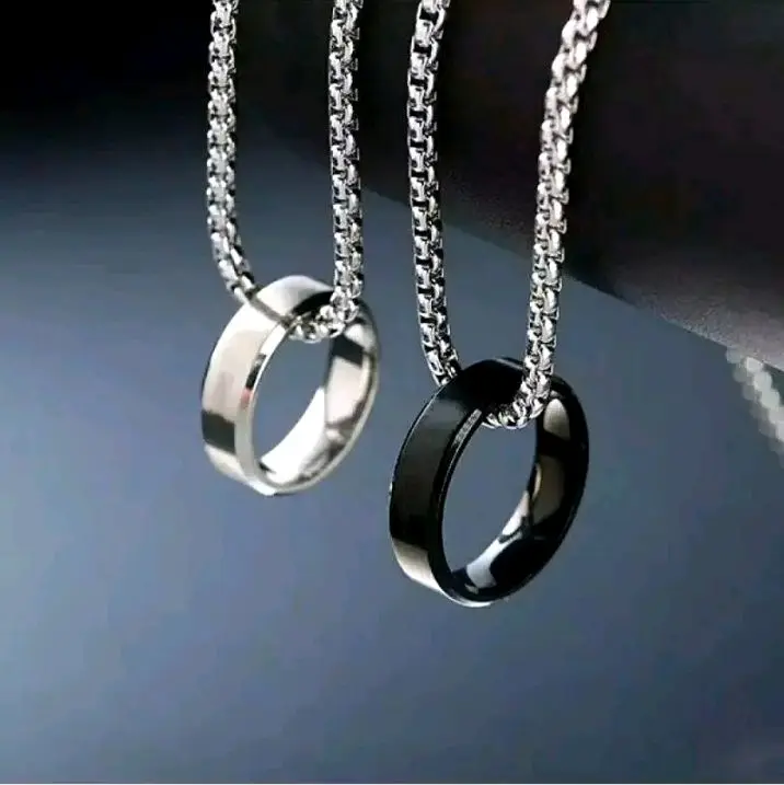 Kalung Rantai Rolo Silver Liontin Cincin Hitam dan Putih Titanium Pria Wanita varian bisa cincin saja ukuran requst di pesan