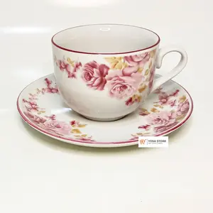 Cangkir Set Keramik Teh Kopi Motif Shabby Pink Rossie 2 Pc - Premium Quality