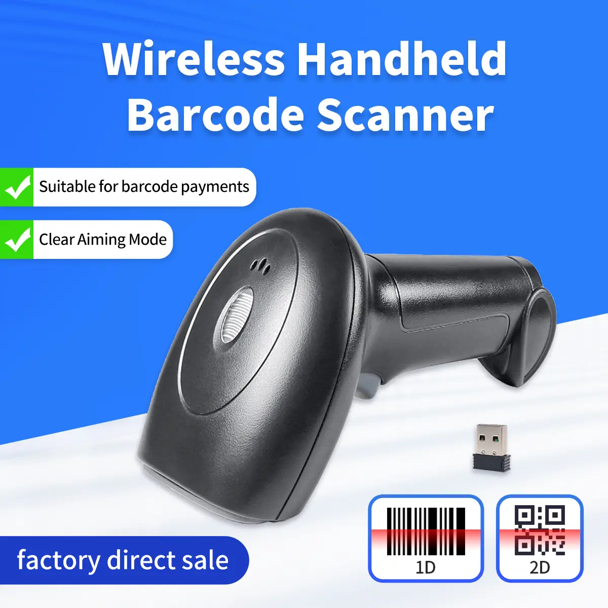 Wireless barcode 2.4G receiver scanner can read a variety of barcode storage capacity suitable for supermarkets catering books health care