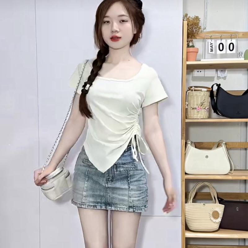 NT82 Áo thun nữ ngắn tay vạt chéo, Áo croptop có dây rút bên eo, chất vải thun tăm co giãn, cổ vuông size dưới 53kg