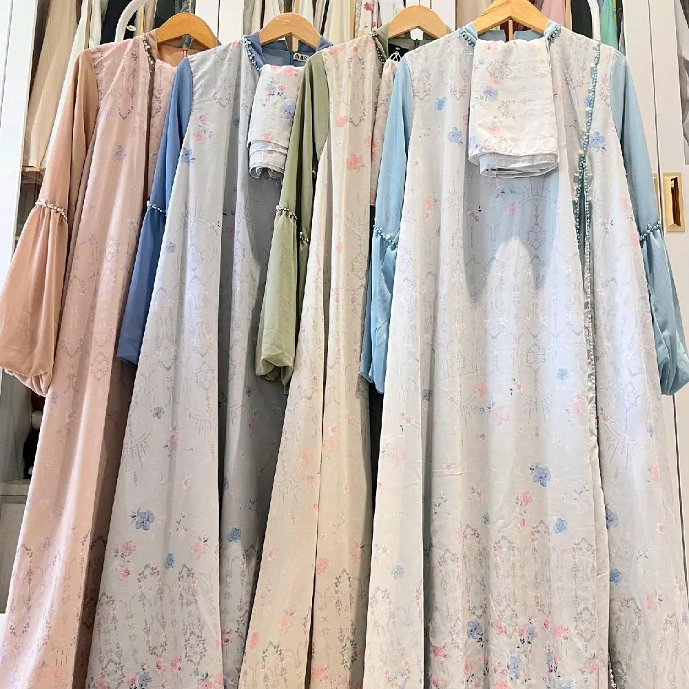 Gamis Set Hijab Wanita Motif Batik Bahan Ceruty Furing Nonbusui Friendly Muslim Variasi 4 Warna Panjang Dress